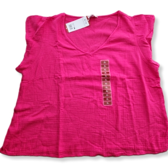 Three Dots Double Gauze Flutter Sleeve Top in Fushsia Size XL MSRP $138 W-538 - Picture 8 of 13